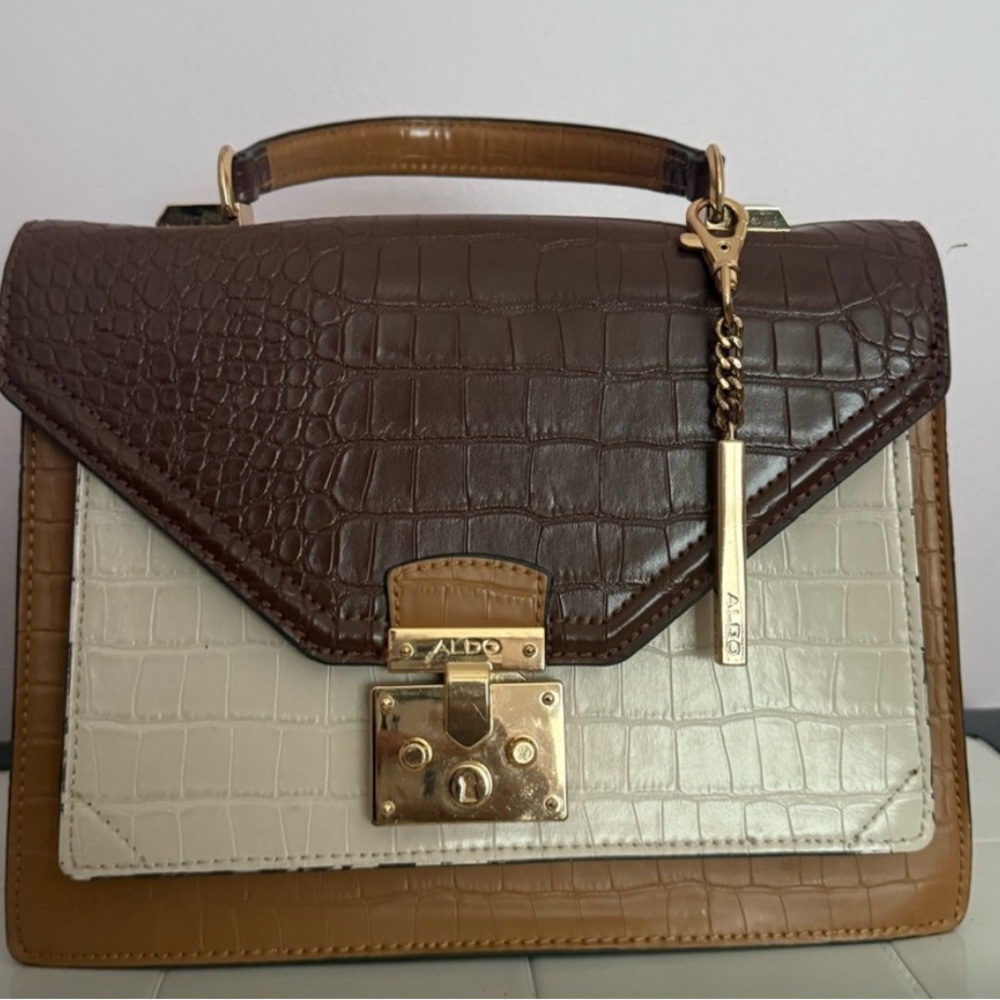 Beautiful Aldo Brown and Cream Croc-Embossed Satchel
